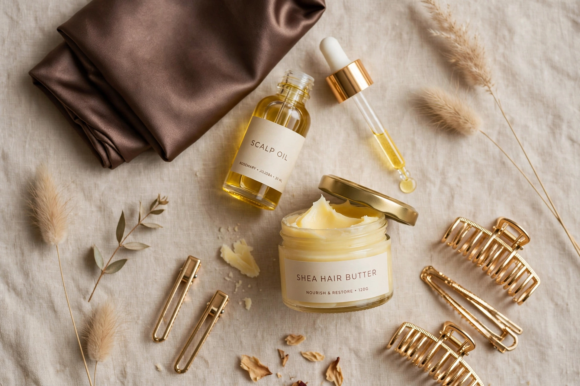 Scalp oil, shea butter, silk bonnet flatlay