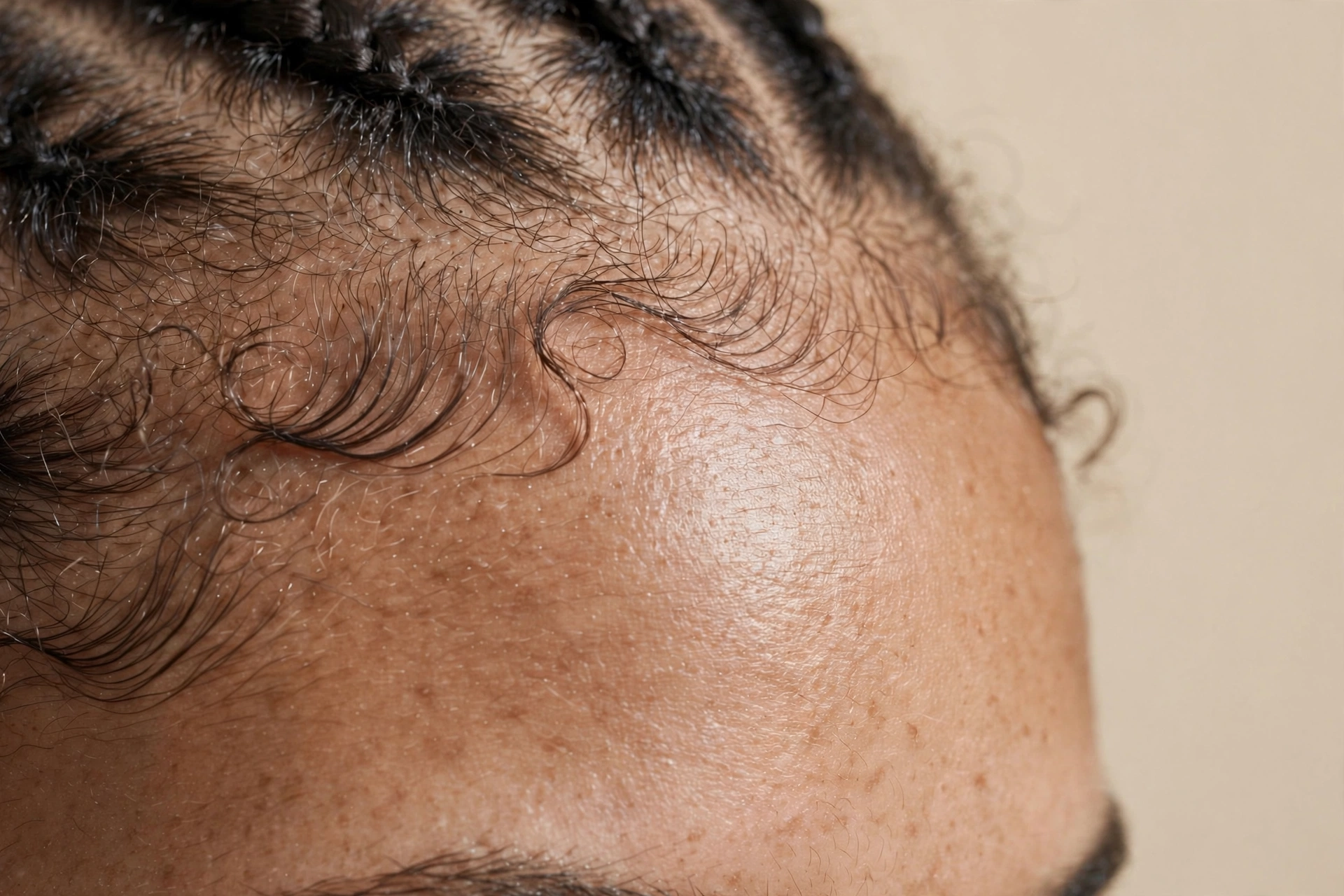 Close-up of healthy hairline with soft baby hairs after protective style