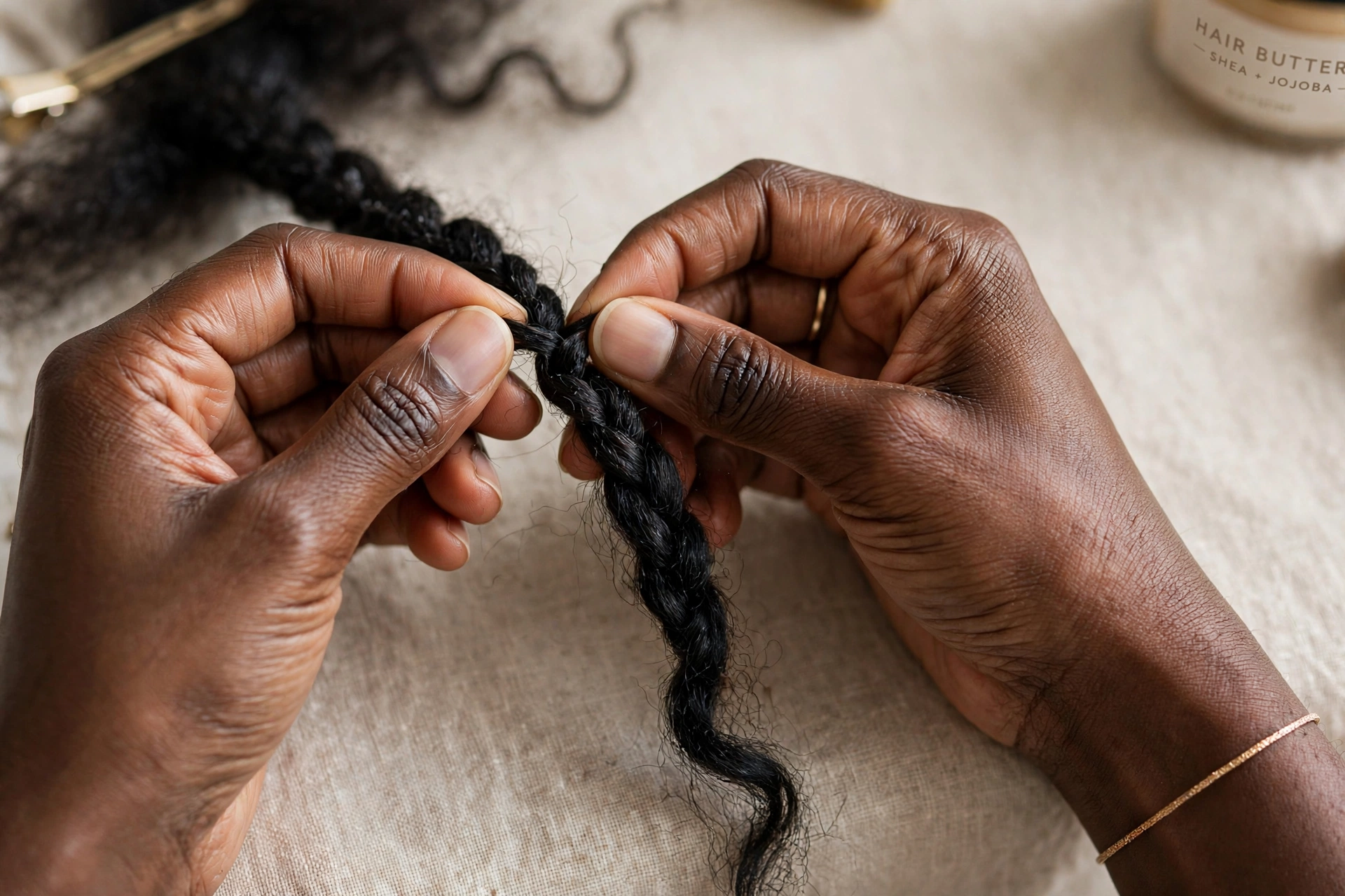 Hands demonstrating tension-free knotless braid technique